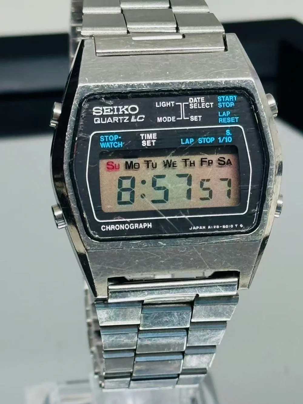 Vintage Seiko Men Quartz LC Digital Chronograph Watch 38mm New Battery Runs